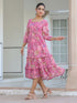 Pink Georgette Floral Printed Tiered Dress